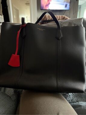 Tory Burch Black Leather Laptop Tote with Red Tag
